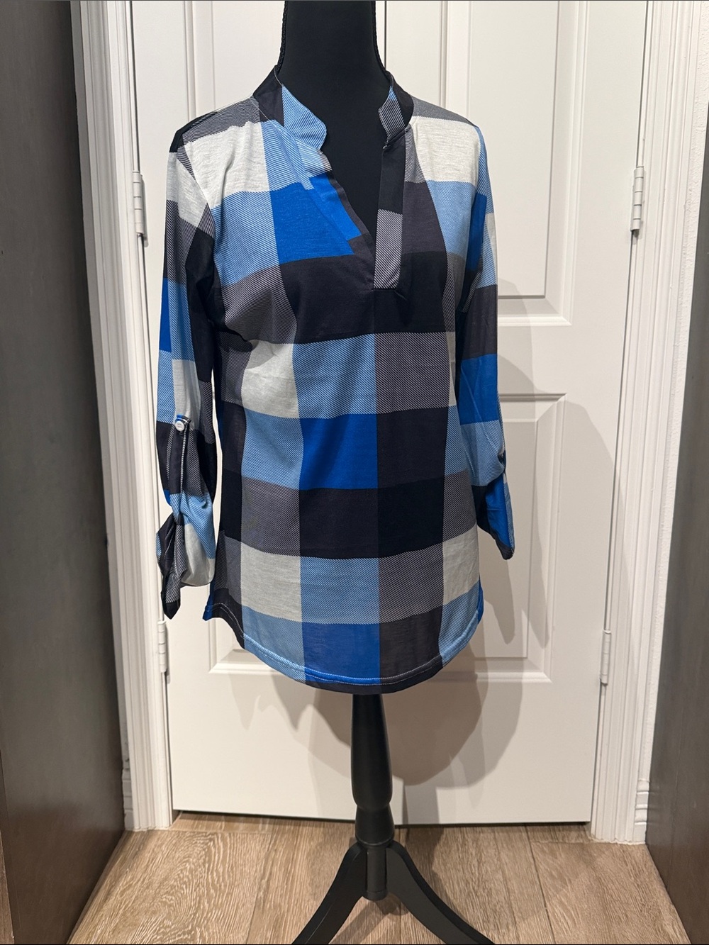 Blue Plaid Split-Neck Roll-Sleeve Blouse - Women (D)